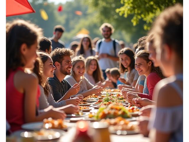 Eine vielfältige Gruppe von Familien lacht und interagiert auf einem interkulturellen Fest, gekennzeichnet durch Speisen und Dekorationen aus verschiedenen Kulturen.