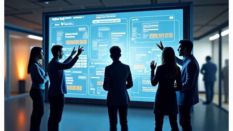 Ein diverses Team von Technologie-Experten arbeitet gemeinsam in einem modernen Büro an Laptops und Whiteboards, symbolisierend Kooperation und Innovation.