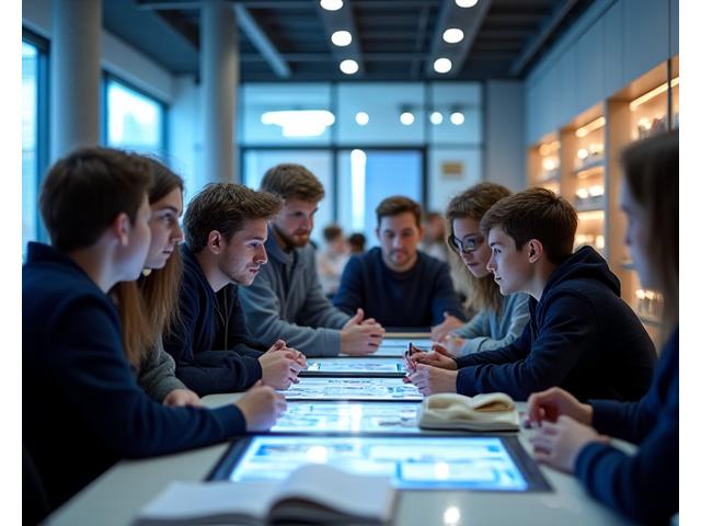 Ein Tutor, der Studenten in einer Universitätsbibliothek unterstützt, mit offenem Buch auf dem Tisch, symbolisiert Forschungsprojekte.