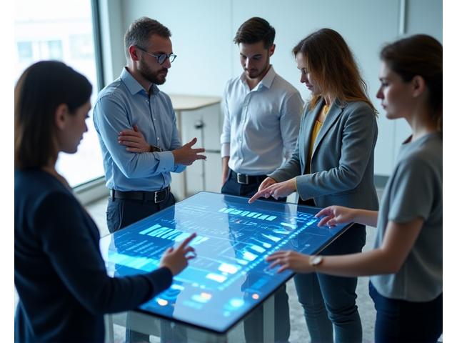 Team von Fachleuten bei einer Besprechung, während sie Messwerte auf einem Tablet analysieren, symbolisiert messbare CSR-Erfolge und strategische Zusammenarbeit.