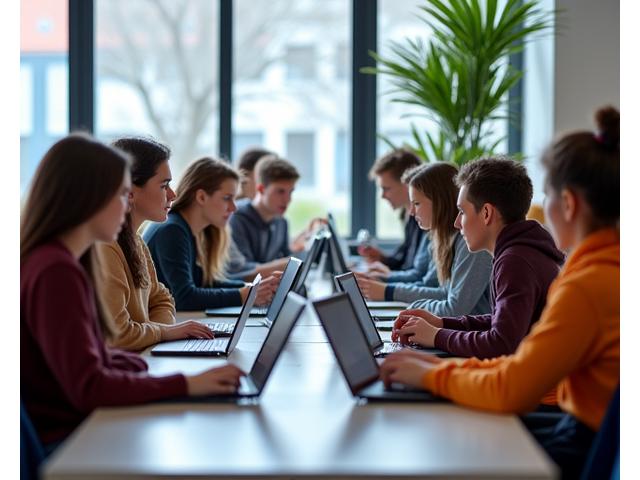 Gruppe Jugendlicher bei einem Coding-Workshop, betreut von einem ehrenamtlichen Entwickler von Tech-Startup XY, die gemeinsam an Laptops arbeiten.